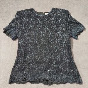 Papell Boutique Evening Large Silk Top Beaded Black Elegant Eras Short Sleeve